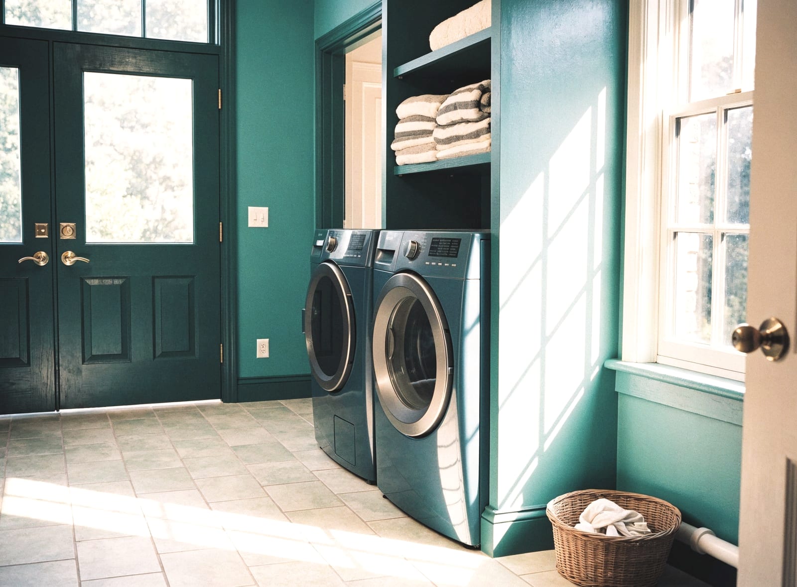 Laundry room with a washer and dryer, folded towels and a green door