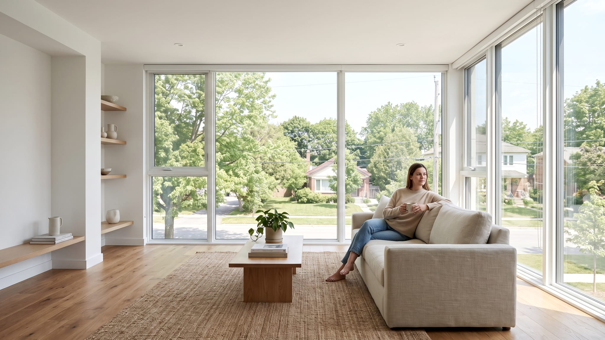 A woman relaxing on a sofa in a bright apartment living room with a leafy view