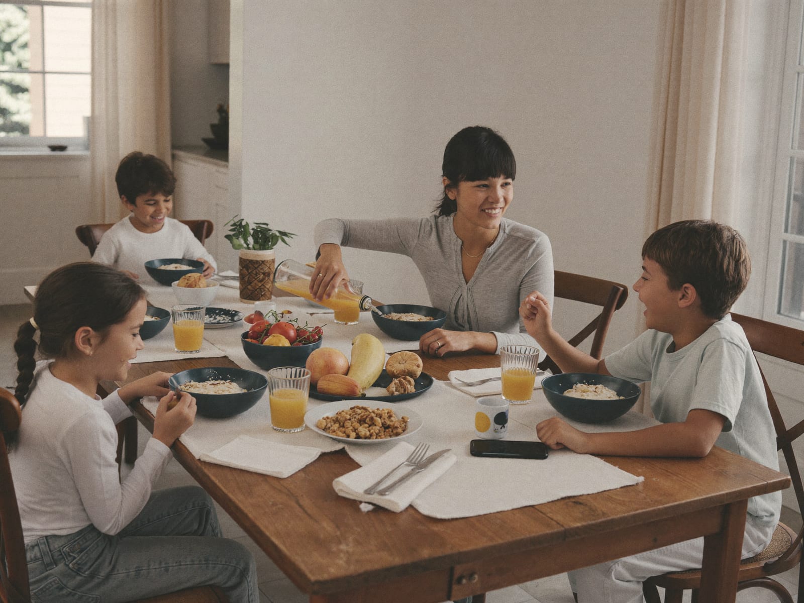A family eating breakfast together at a wooden table