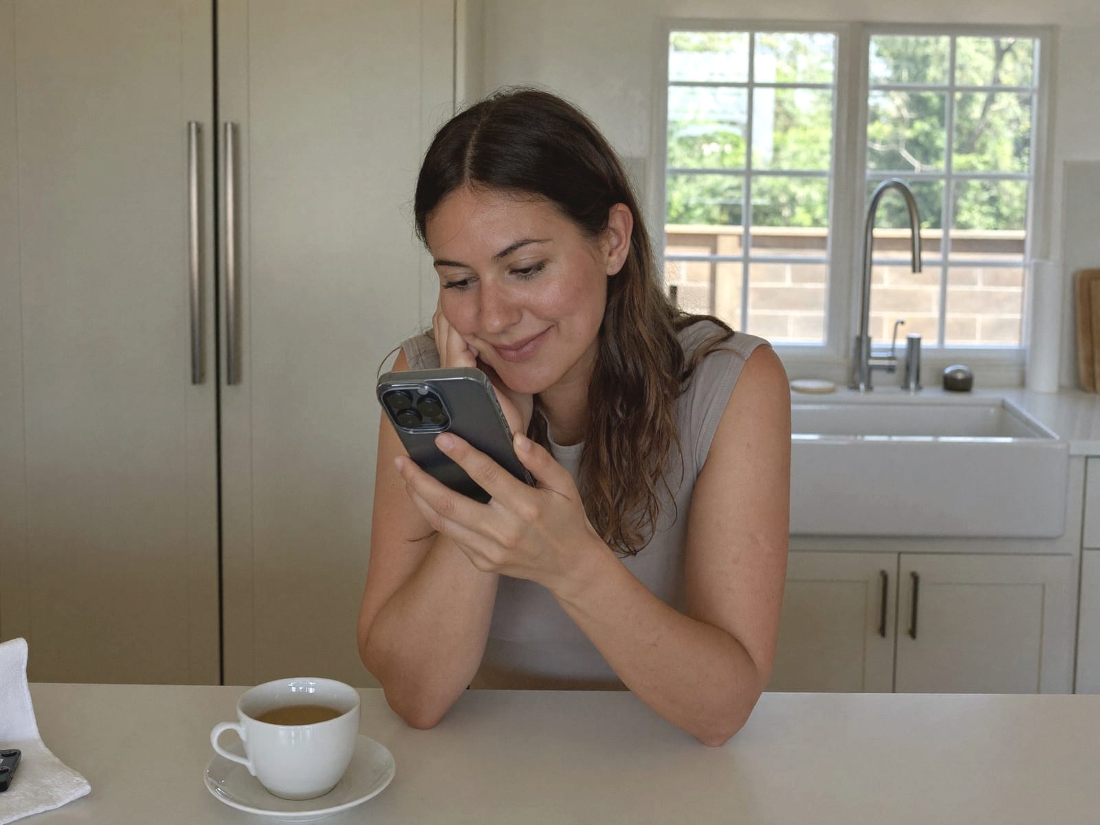 A woman smiling at her phone at a kitchen table with a cup of tea